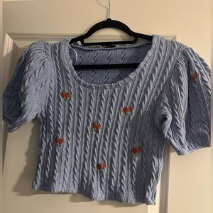 Zara Light Blue Cable Knit Crop Top with Floral Embroidery